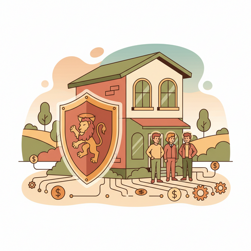 Flat design illustration of a shield protecting a small business and its key employees, representing Key Person Insurance.