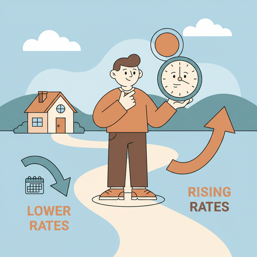 Flat design illustration of a person standing at a crossroads with a house and a calendar in the background. One path shows a declining arrow (lower interest rates) and another shows a rising arrow. The person is thoughtfully looking at a clock, symbolizing the decision of when to refinance a mortgage.