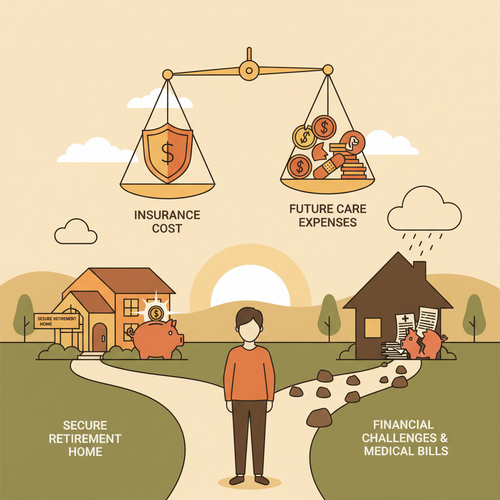Illustration of a scale balancing the cost of Long-Term Care Insurance premiums on one side and the potentially high costs of long-term care on the other, symbolizing the decision-making process for long-term care financial planning.