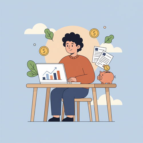 Flat design illustration of a diverse small business owner reviewing financial documents on a laptop, with abstract money and growth symbols around them, representing effective Tax Planning for Small Business Owners in 2026.
