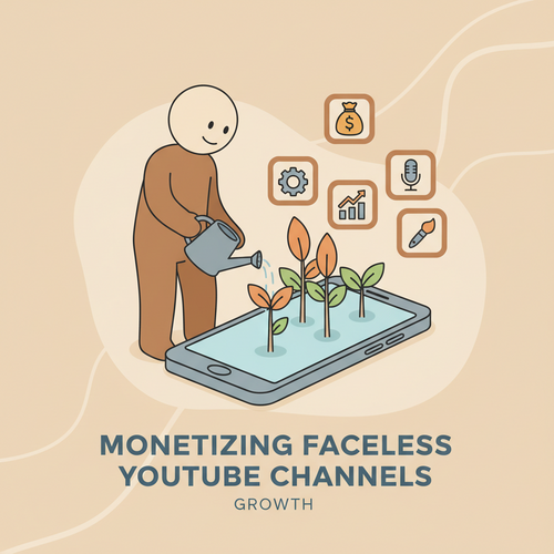 Flat design illustration of a faceless figure tending to plant sprouts labeled with high-CPM niche icons like money, gears, and graphs, growing from a smartphone screen, symbolizing monetizing faceless YouTube channels.
