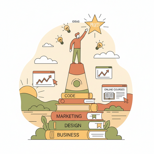 Illustration of a person launching a profitable online course, standing on books and reaching for success.