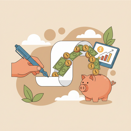 Illustration depicting newsletter monetization with a hand writing, and the content flowing into coins, representing a subscription income stream.
