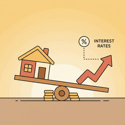 Illustration of a house on a seesaw, symbolizing the balancing act of mortgage rate forecast 2026 and refinancing decisions.