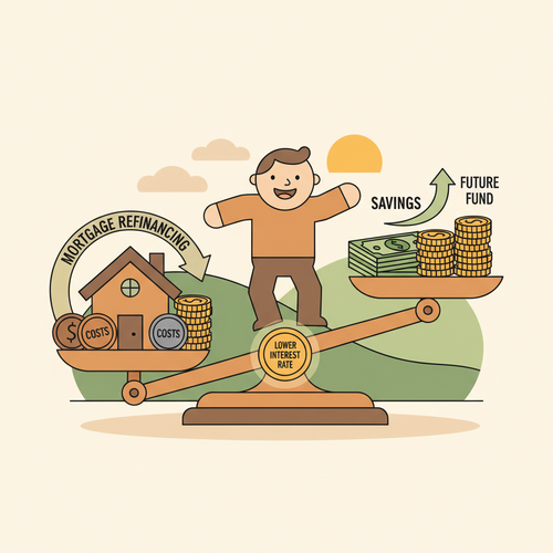 A conceptual flat design illustration showing the Refinancing Your Mortgage Break-Even Point, with a scale balancing initial refinancing costs against monthly savings, representing the financial decision-making process.