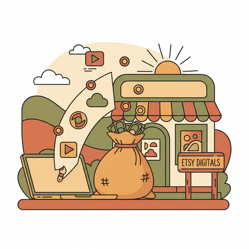 Flat design illustration of digital products like planners and art flowing from a laptop into a money bag, symbolizing Etsy digital products passive income.