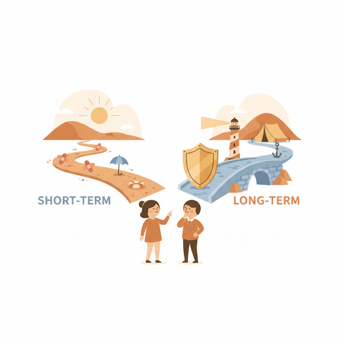 Flat design illustration showing two distinct paths, symbolizing short-term and long-term disability insurance. One path has smaller, temporary supports while the other has larger, more permanent supports. Two cartoon characters are choosing between them, illustrating the decision-making process for short-term vs. long-term disability insurance.