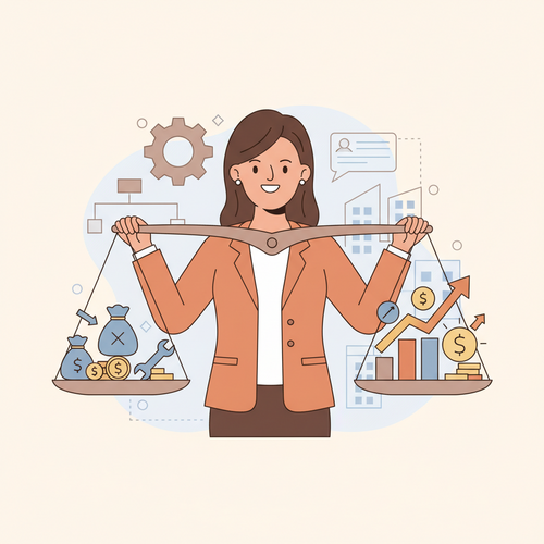 A flat design illustration of a business owner successfully implementing SME overhead reduction strategies. The character is balancing scales, showing costs decreasing and profits increasing, rendered in a friendly, cartoon style with warm earth tones and soft blues.
