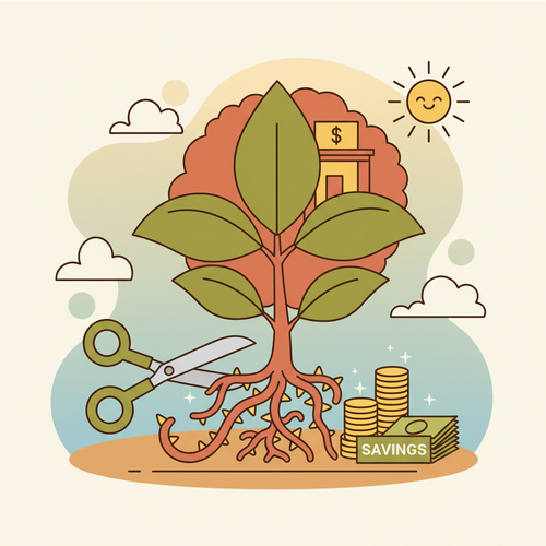 Illustration showing strategic cost reduction in action, with careful expense trimming leading to business growth and financial stability.