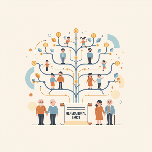 A flat design illustration depicting multiple generations of a family around a growing financial tree, with roots securely held by a stylized trust document, symbolizing strategies for building generational wealth using trust funds.
