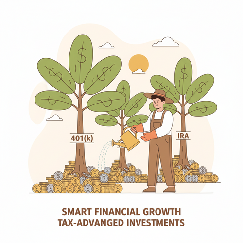 Illustration of tax-advantaged investing with money trees representing 401(k) and IRA contributions growing under a protective, tax-shielding dome.