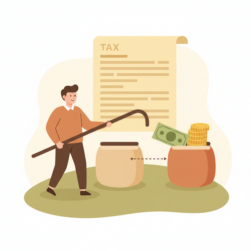 Illustration of tax-loss harvesting strategy, showing money being moved to offset capital gains and save on taxes.