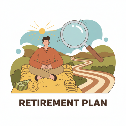 Illustration of a person with a magnifying glass examining a pile of money on a long winding path, representing safe withdrawal rates for early retirement planning.