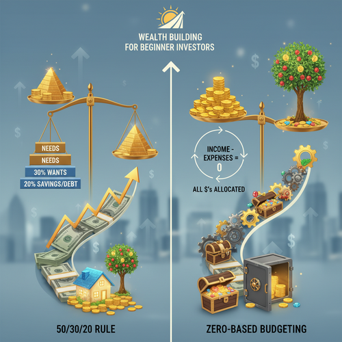 A visual comparison of the 50/30/20 Rule and Zero-Based Budgeting, illustrating two pathways to faster wealth accumulation for beginner investors.