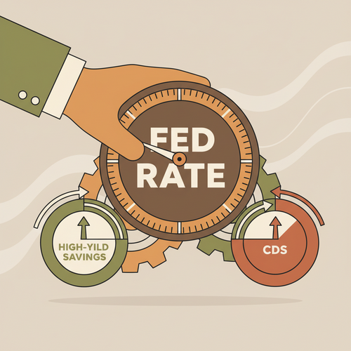 Flat design illustration showing the impact of Fed rate cuts on high-yield savings accounts and CDs, with arrows pointing downwards for interest rates.