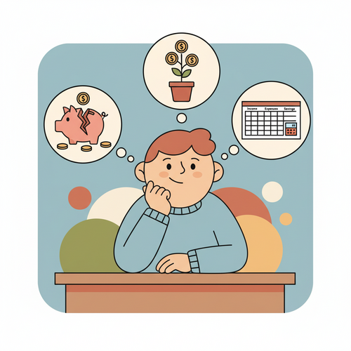 An illustration in flat design style showing a person contemplating their finances, surrounded by thought bubbles symbolizing challenges and solutions in overcoming bad spending habits, with a clear focus on the psychology of money.