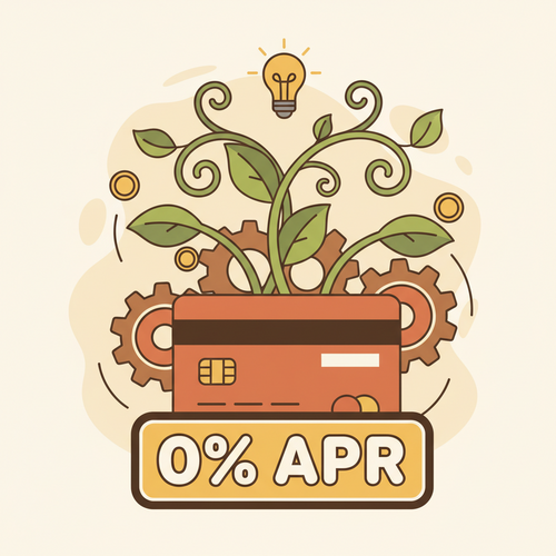 Illustration of a thriving startup leveraging business credit cards with 0% intro APR to fuel growth, symbolizing financial flexibility and smart financial management for new businesses.