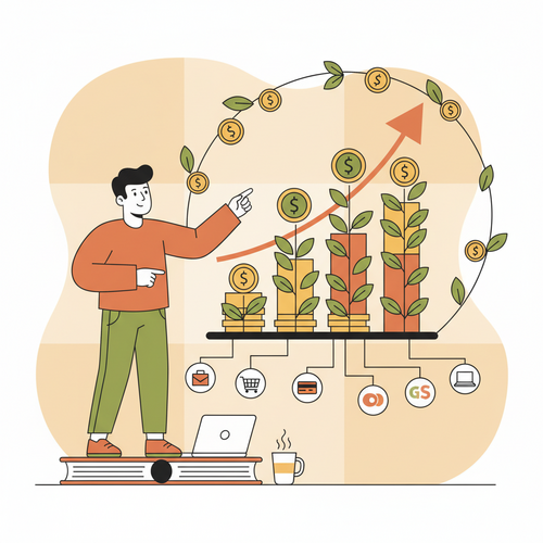 A flat design illustration of a finance blogger happily pointing at a graph showing significant growth, symbolizing the success with high-ticket affiliate programs for finance bloggers in 2026.