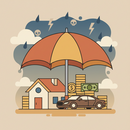 Flat design illustration showing an umbrella protecting a house and money, representing umbrella insurance for high-net-worth individuals protecting assets.