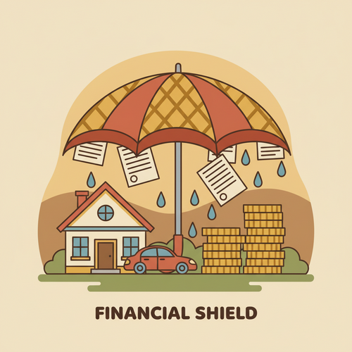 Flat design illustration of an umbrella protecting a house, car, and coins from falling legal documents, symbolizing umbrella insurance protecting assets.