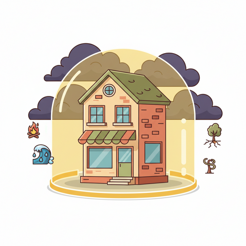 Illustration of a business protected by Business Interruption Insurance during a disaster.
