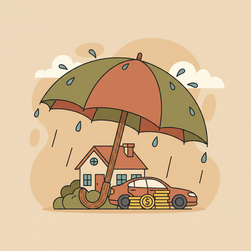 A flat design illustration of a large umbrella protecting a house, car, and coins from rain, symbolizing umbrella insurance protecting assets.