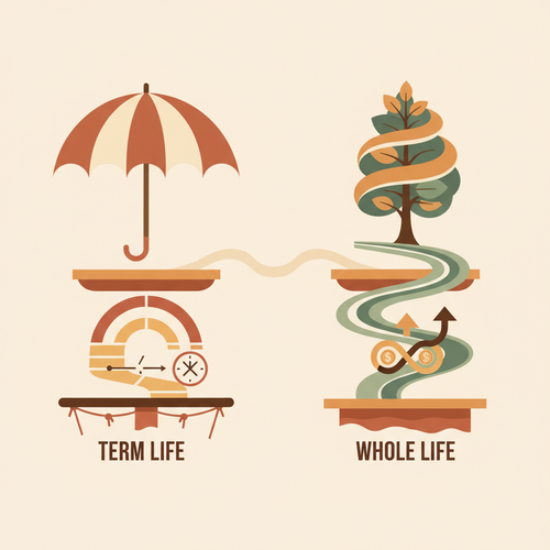 Illustration comparing Whole Life vs. Term Life Insurance, showing their distinct benefits and financial paths.