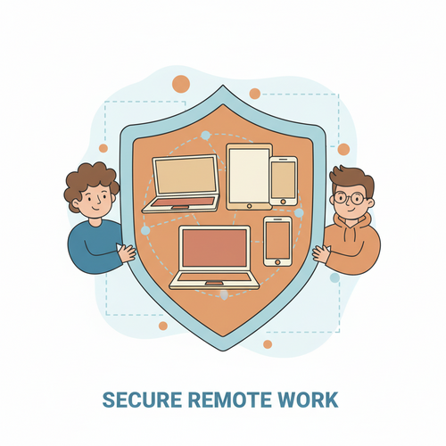 A flat design cartoon illustration showing a large, strong shield protecting various digital devices like laptops, tablets, and phones, which are subtly connected by lines. This symbolizes Cyber Liability Insurance for Remote Businesses protecting a distributed workforce. The style features clean lines, a friendly appearance, and a limited palette of warm earth tones, soft blues, and muted oranges.