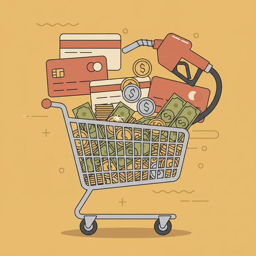 Illustration of cash back credit cards for gas and groceries, depicting savings on everyday expenses.