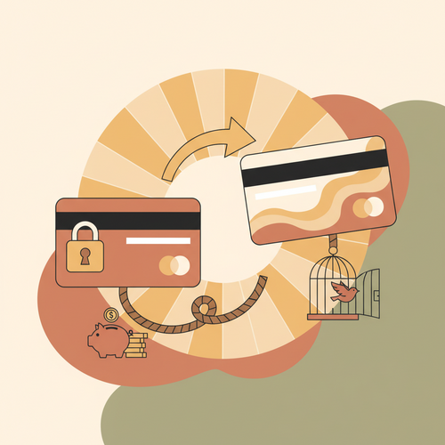 Flat design illustration showing a secured credit card with a lock opening up and transforming into a standard unsecured credit card, symbolizing the graduation path for credit building for beginner investors.