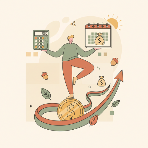 Flat design illustration of a freelancer managing their finances, showing a calculator, a calendar, and stacks of money, representing efficient budgeting for taxes freelancers.