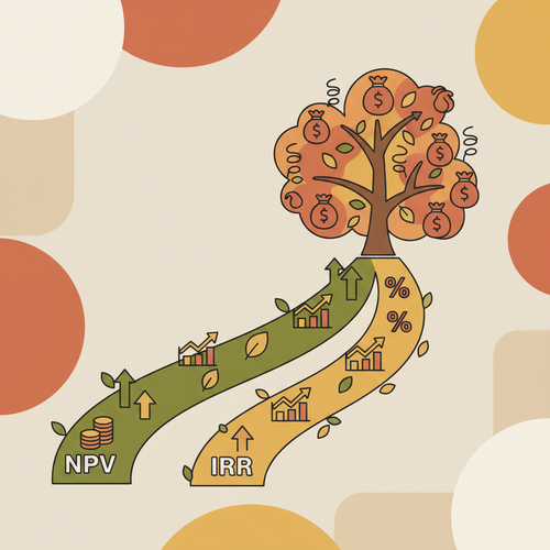 A flat design illustration comparing two financial pathways, representing capital budgeting techniques Net Present Value (NPV) and Internal Rate of Return (IRR), for investment analysis.