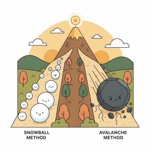 Illustration depicting two paths for creating a debt repayment plan: the snowball method and the avalanche method, showing debt reduction strategies.