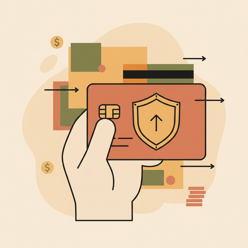 An illustration showing a hand holding a credit card with a shield, representing credit card chargebacks and protection against fraudulent transactions.
