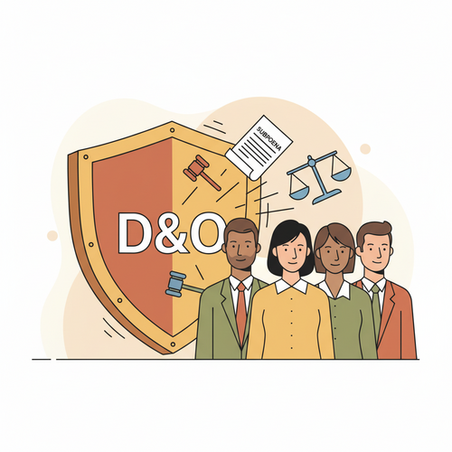 Flat design illustration showing a shield protecting business leaders, symbolizing Directors and Officers (D&O) Insurance guarding leadership decisions.