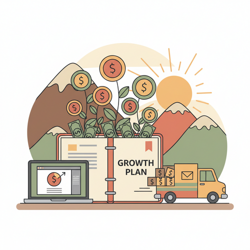 Illustration of a laptop, an open planner with money plants, and a delivery truck, symbolizing print-on-demand stationery passive income generation.