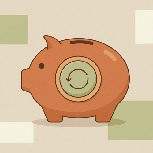 A flat design illustration depicting a piggy bank with a reset button, symbolizing Financial Fasting and resetting spending habits.