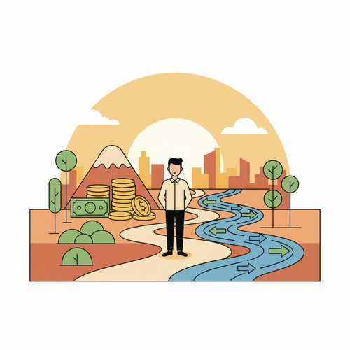 An illustration depicting financial minimalism, showing a simplified money landscape with fewer elements and a calm person, embodying stress reduction and financial clarity.