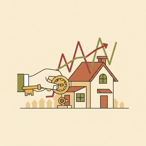 Flat design illustration depicting how Fed meetings influence variable rate mortgages, showing an abstract representation of interest rates affecting a house.