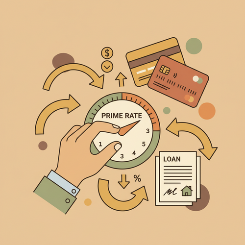 A visual representation of the Prime Rate's impact on variable rate loans and credit cards, showing a hand adjusting a dial and financial documents.