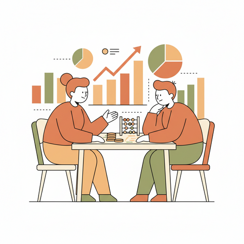 Flat design illustration showing a professional confidently negotiating a salary raise, surrounded by charts and graphs, representing market research and data-driven discussion.