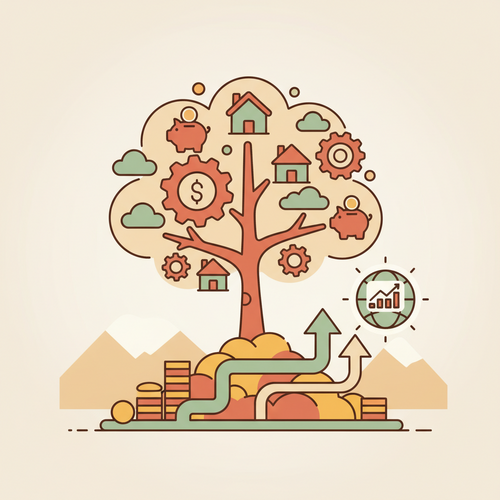 Flat design illustration showing a person carefully placing coins into a growing piggy bank after a storm, symbolizing how to rebuild your savings after a major life event.