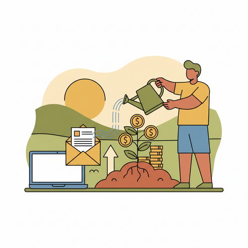 Illustration of a person watering a plant of coins, symbolizing how to start a paid newsletter service and grow income.