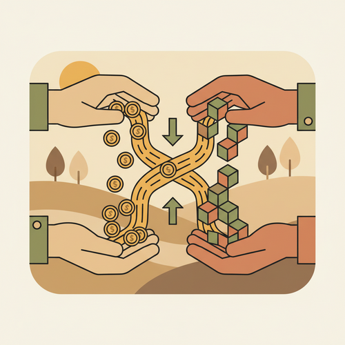 Flat design illustration showing the concept of interest rate swaps as a hedging strategy in corporate finance, with a hand exchanging variable payments for fixed payments.