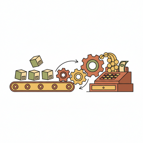 Flat design illustration of inventory turnover ratio, showing efficient stock movement leading to improved cash flow for a business.
