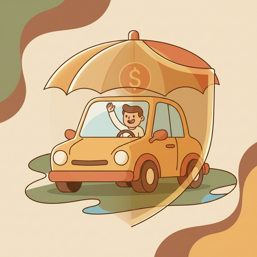 Flat design illustration of a car protected by a financial shield, representing liability car insurance and financial security.