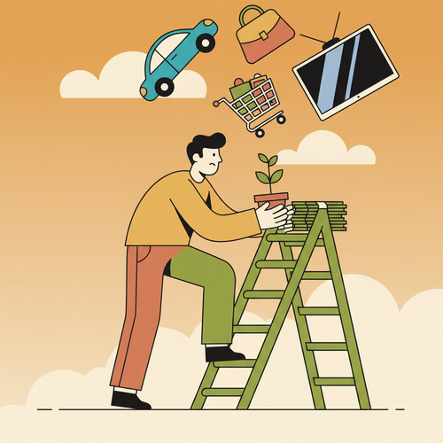 Flat design illustration showing a person maintaining frugality as their income grows, avoiding lifestyle creep.