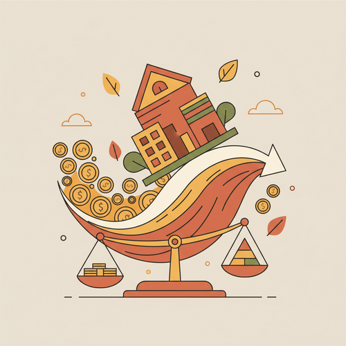 A flat design illustration showing a business person balancing on a wave of cash, symbolizing managing seasonal cash flow in retail and tourism.