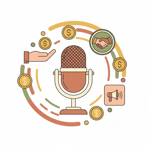 Flat design illustration depicting a podcast microphone surrounded by symbols representing various income streams, including sponsorships, ads, and listener support, symbolizing effective podcast monetization.