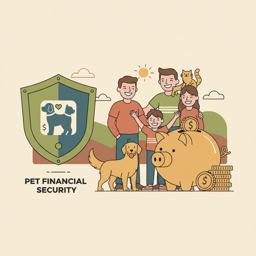 Flat design illustration of a family with pets, a piggy bank, and an insurance shield, symbolizing the decision of whether pet insurance is worth it for financial security.